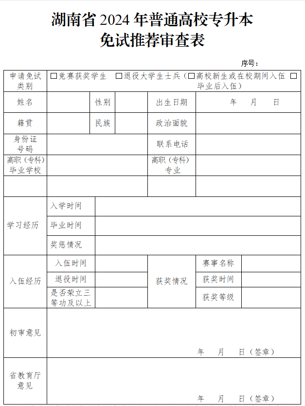 2024年湖南省普通高校專升本免試推薦審查表